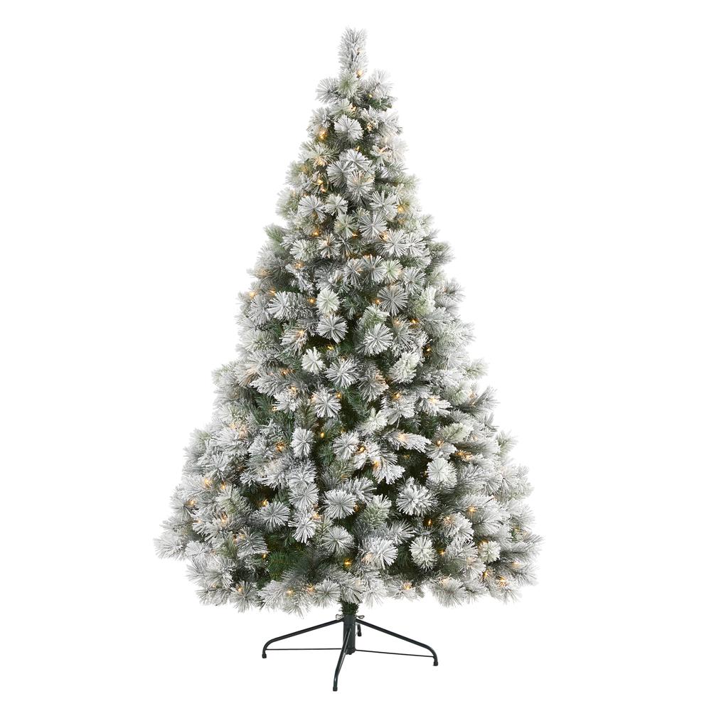 Flocked Oregon Pine Artificial Christmas Tree with 400 Clear Lights. Picture 1