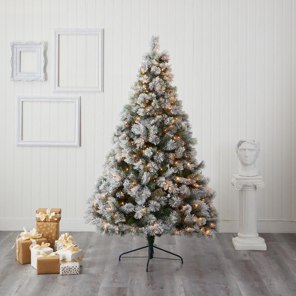 Flocked Oregon Pine Artificial Christmas Tree with 400 Clear Lights. Picture 4