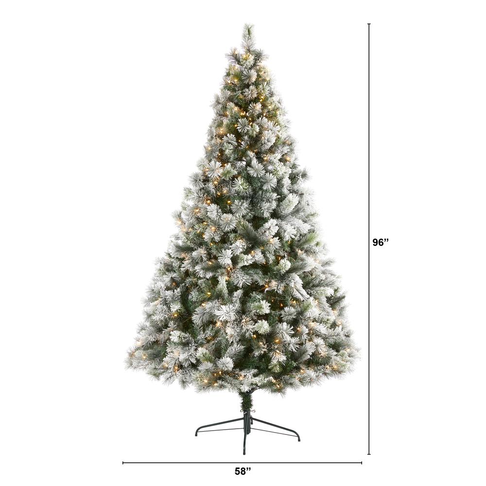 8ft. Flocked Oregon Pine Artificial Christmas Tree with 500 Clear Lights and 1172 Bendable Branches. Picture 1