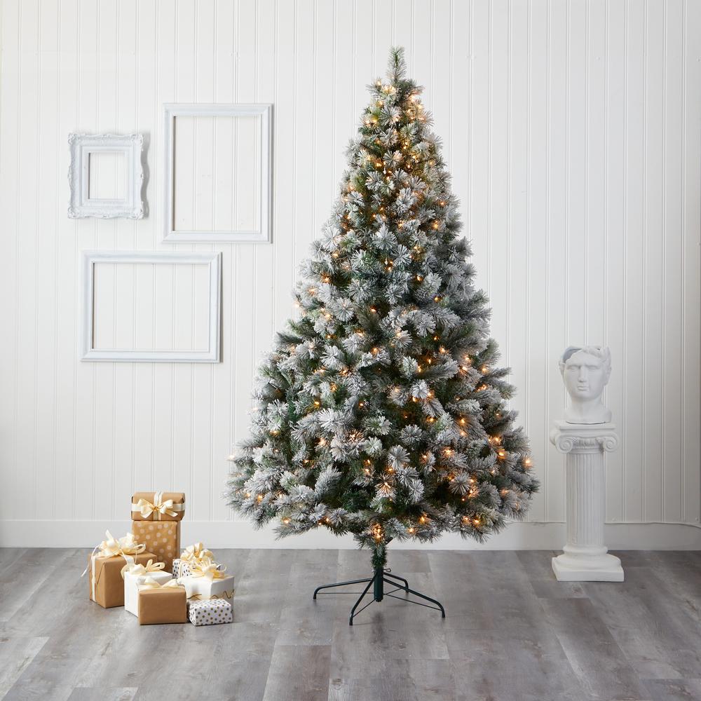 8ft. Flocked Oregon Pine Artificial Christmas Tree with 500 Clear Lights and 1172 Bendable Branches. Picture 7