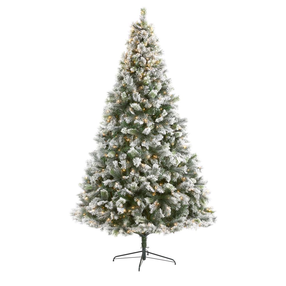 Flocked Oregon Pine Artificial Christmas Tree with 600 Clear Lights. Picture 1
