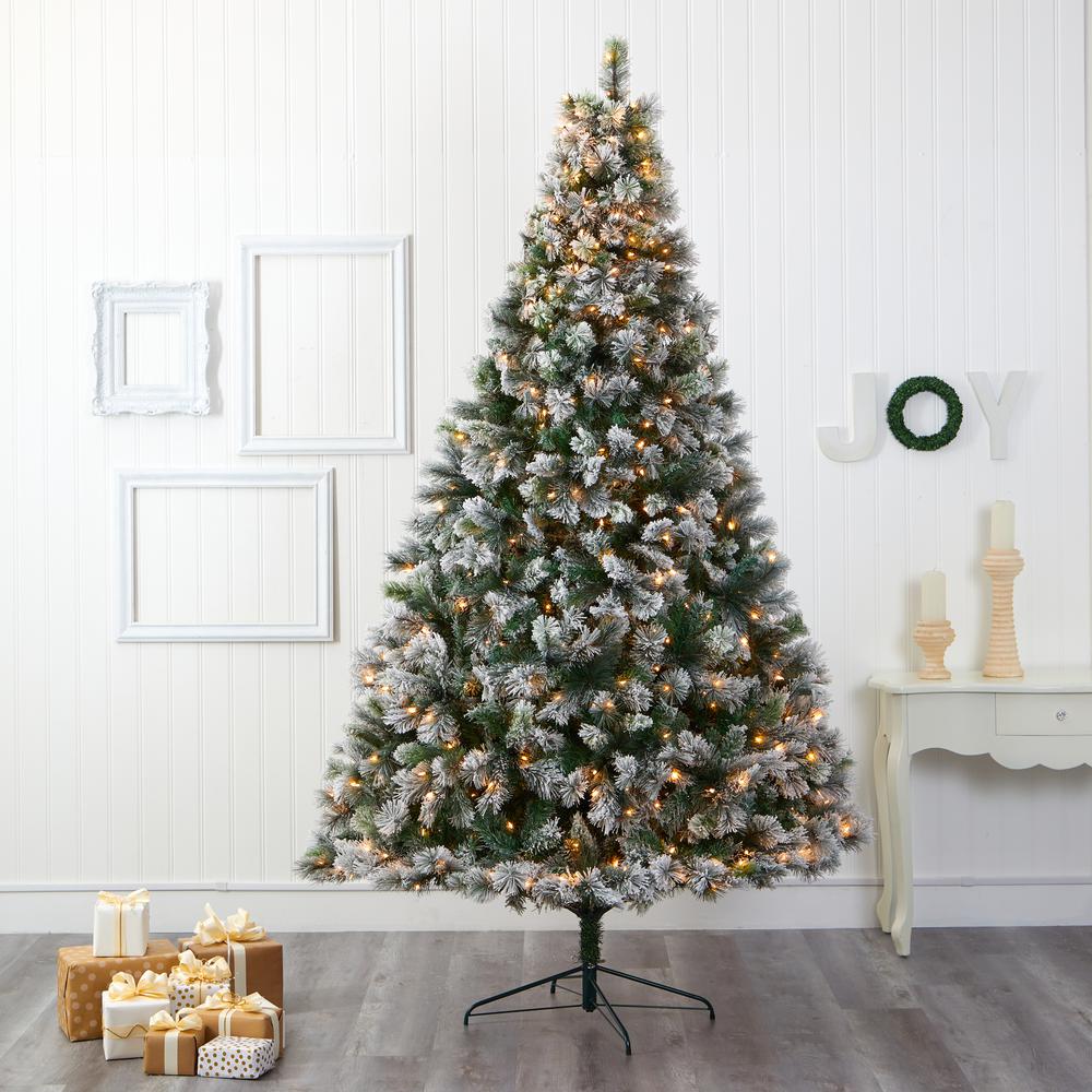 Flocked Oregon Pine Artificial Christmas Tree with 600 Clear Lights. Picture 5