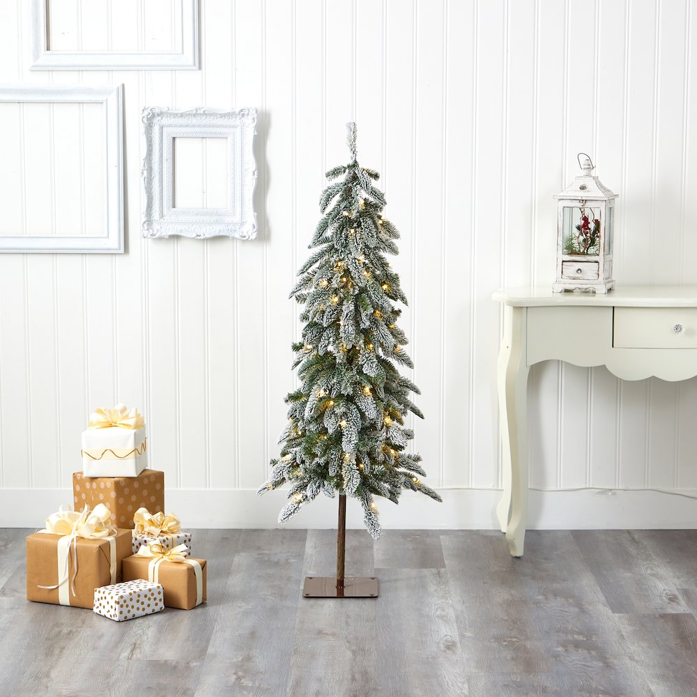 4.5ft. Flocked Washington Alpine Christmas Tree with 100 White Warm LED Lights. Picture 5