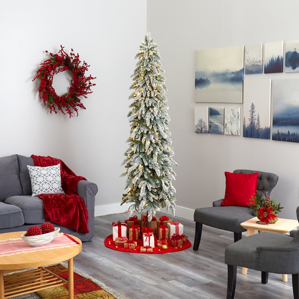 7.5ft. Flocked Washington Alpine Christmas Tree with 350 White Warm LED Lights. Picture 6