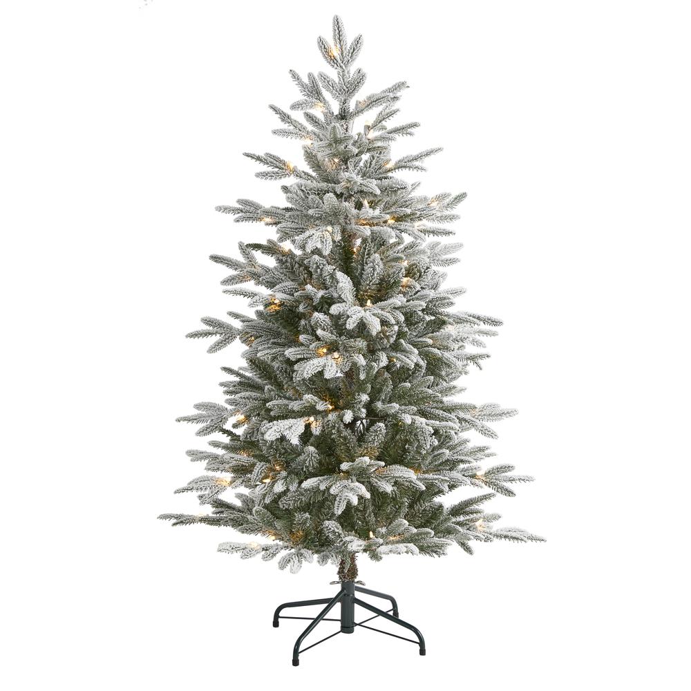 4.5ft. Flocked Manchester Spruce Artificial Christmas Tree with 100 Lights. Picture 1