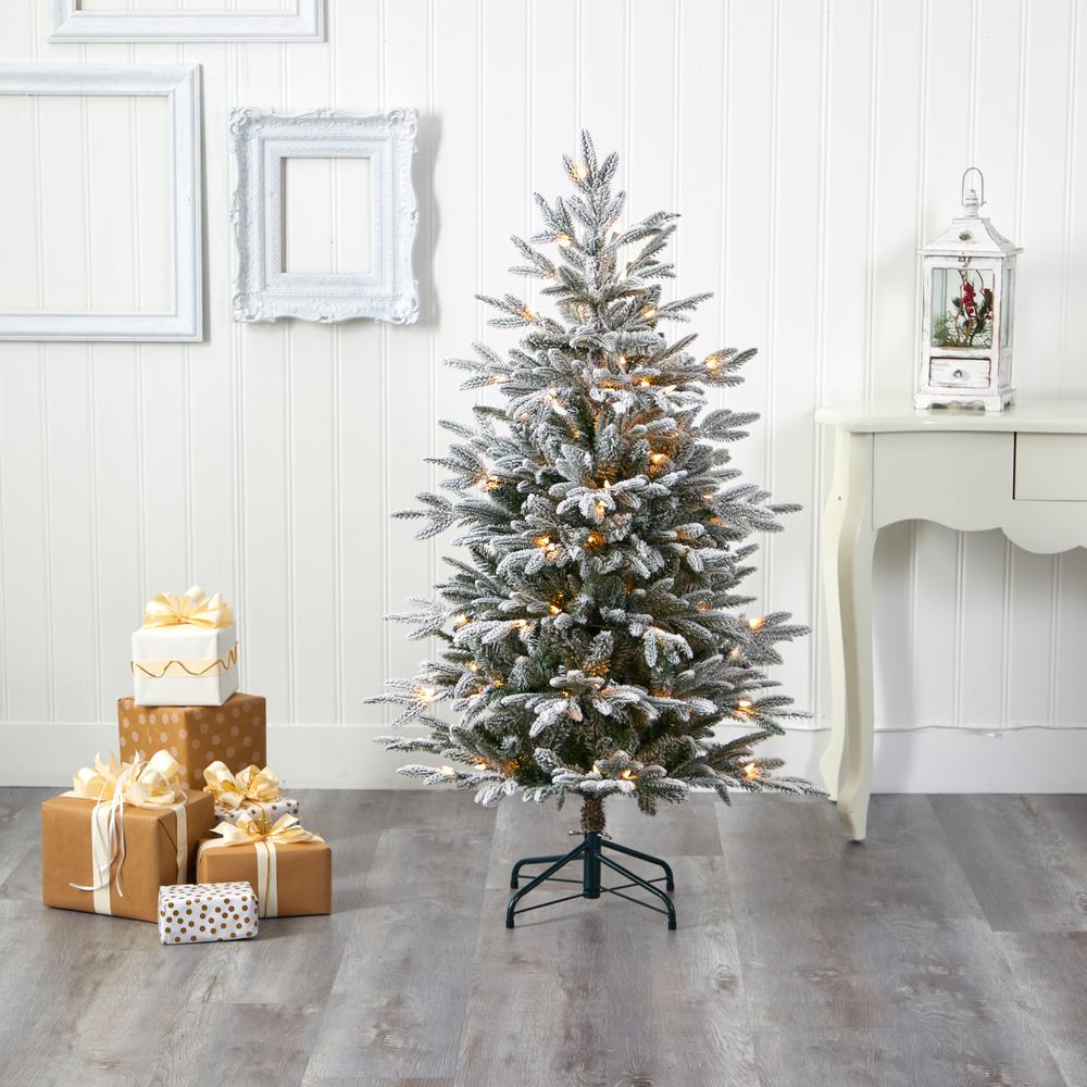 4.5ft. Flocked Manchester Spruce Artificial Christmas Tree with 100 Lights. Picture 5