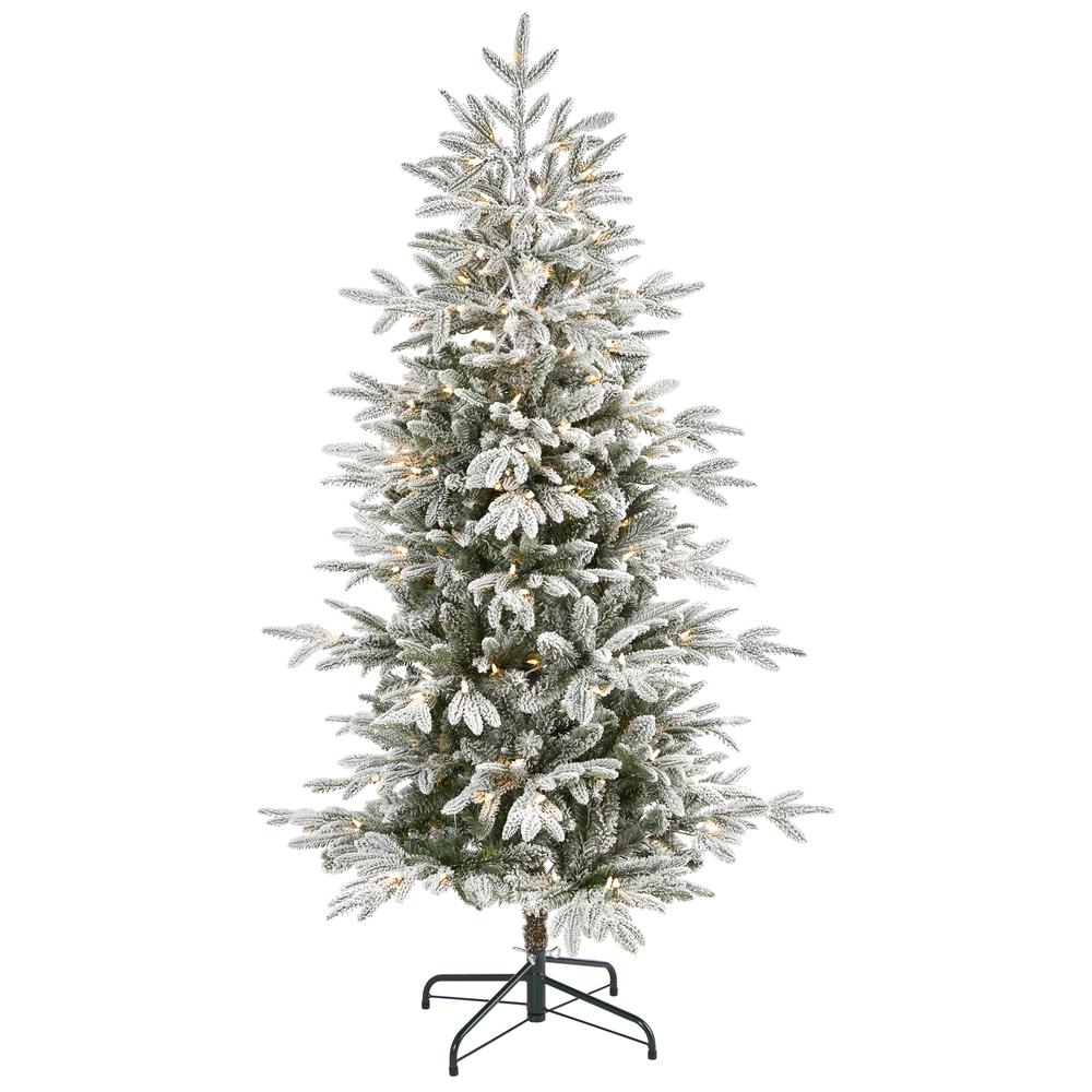 5.5ft. Flocked Manchester Spruce Artificial Christmas Tree with 200 Lights and 560 Bendable Branches. Picture 7