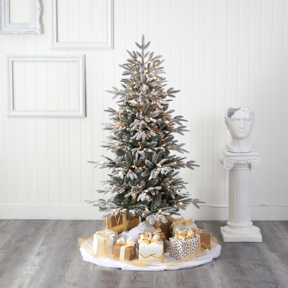 5.5ft. Flocked Manchester Spruce Artificial Christmas Tree with 200 Lights and 560 Bendable Branches. Picture 6