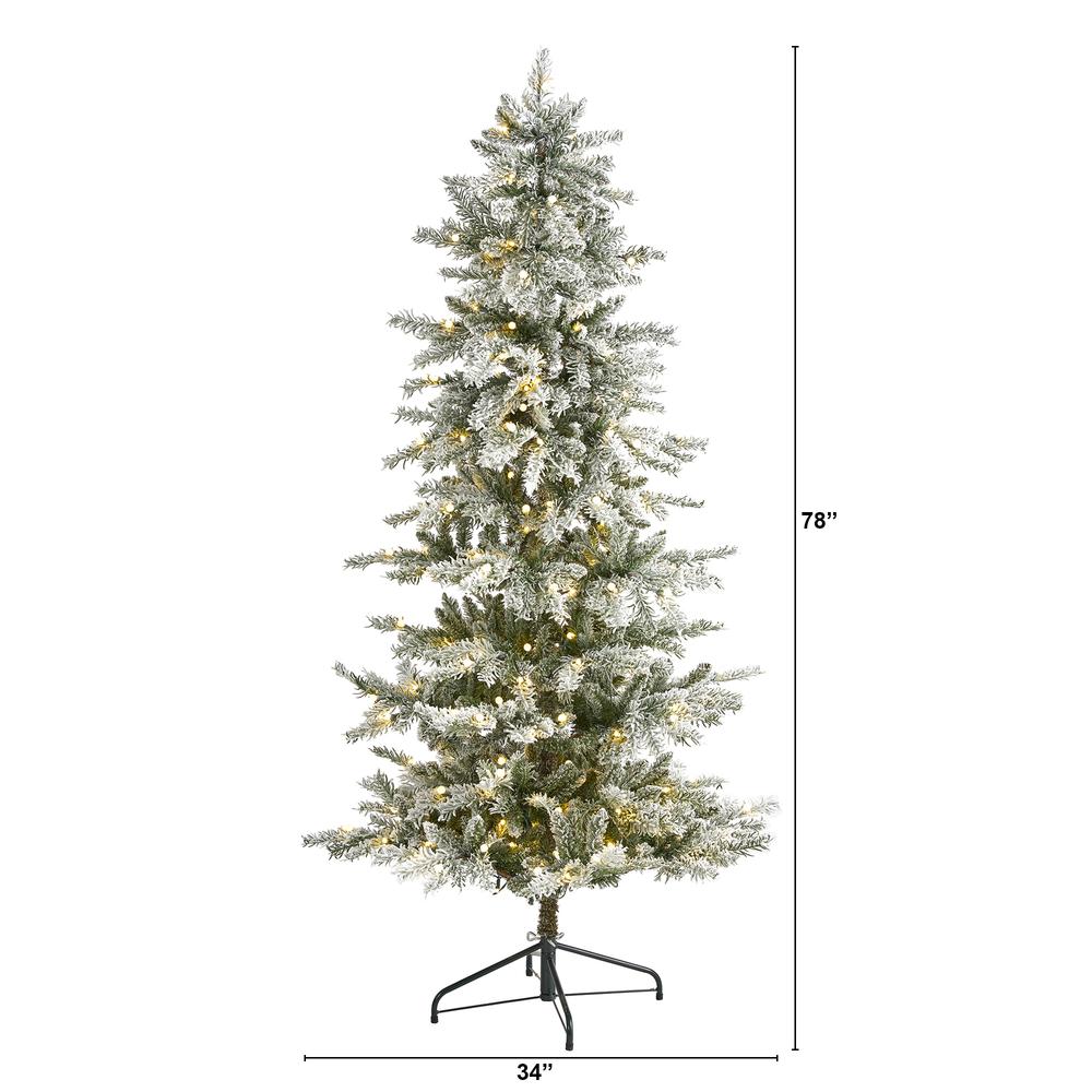 6.5ft. Slim Flocked Nova Scotia Spruce Artificial Christmas Tree with 300 Warm White LED Lights and 699 Bendable Branches. Picture 2