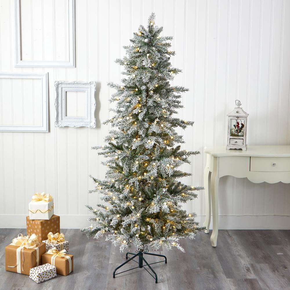 6.5ft. Slim Flocked Nova Scotia Spruce Artificial Christmas Tree with 300 Warm White LED Lights and 699 Bendable Branches. Picture 7
