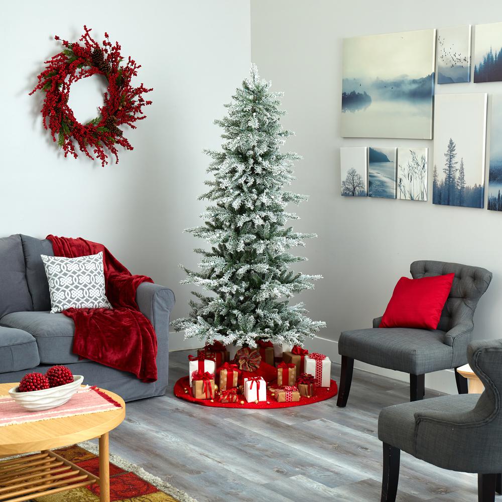 6.5ft. Slim Flocked Nova Scotia Spruce Artificial Christmas Tree with 300 Warm White LED Lights and 699 Bendable Branches. Picture 6