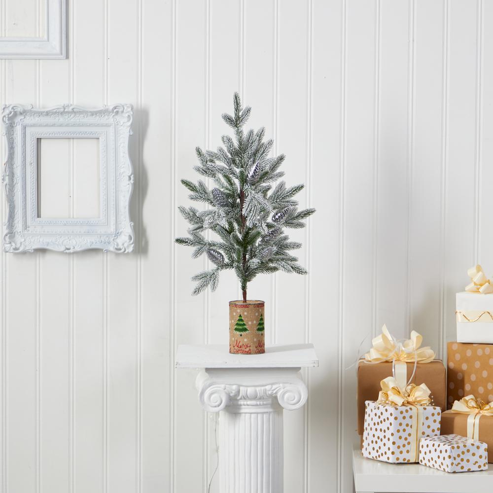 28in. Flocked Christmas Artificial Tree in Decorative Planter. Picture 5
