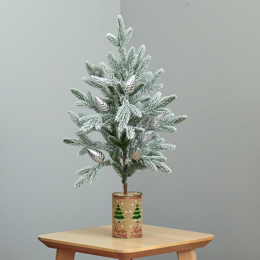 28in. Flocked Christmas Artificial Tree in Decorative Planter. Picture 6