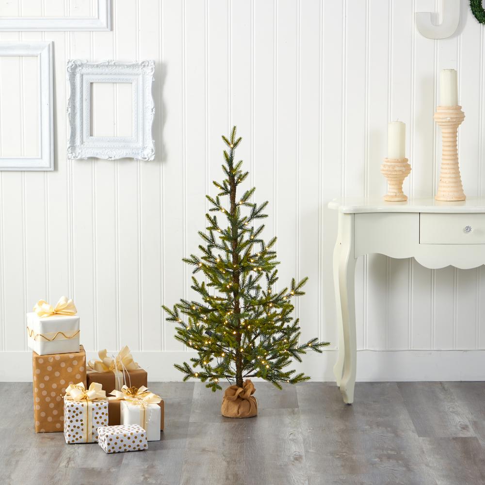 4ft. Fraser Fir Natural Look Artificial Christmas Tree with 100 Clear LED Lights, a Burlap Base and 403 Bendable Branches. Picture 4