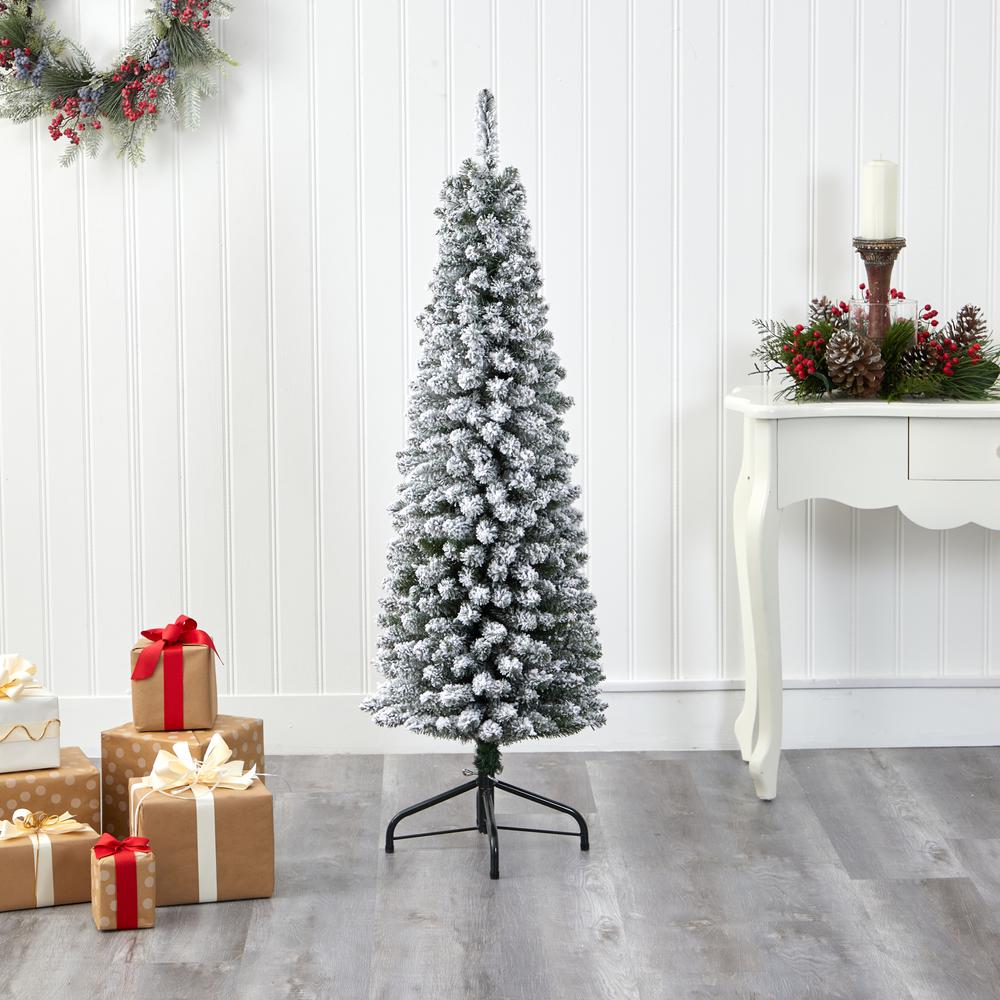 5ft. Flocked Pencil Artificial Christmas Tree with 318 Bendable Branches. Picture 5