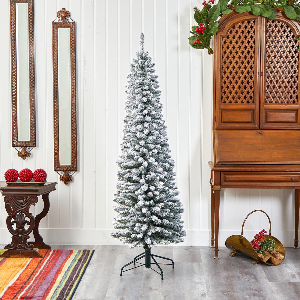 6ft. Flocked Pencil Artificial Christmas Tree with 438 Bendable Branches. Picture 5