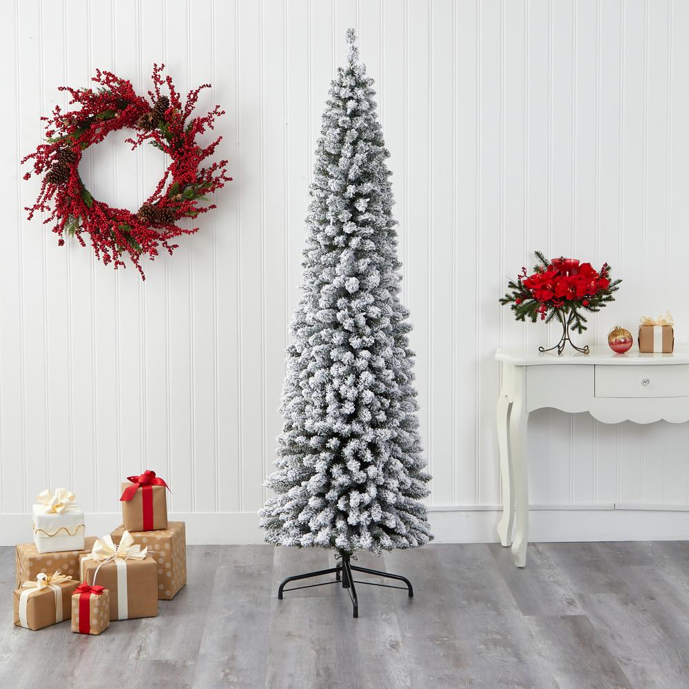 7ft. Flocked Pencil Artificial Christmas Tree with 574 Bendable Branches. Picture 5
