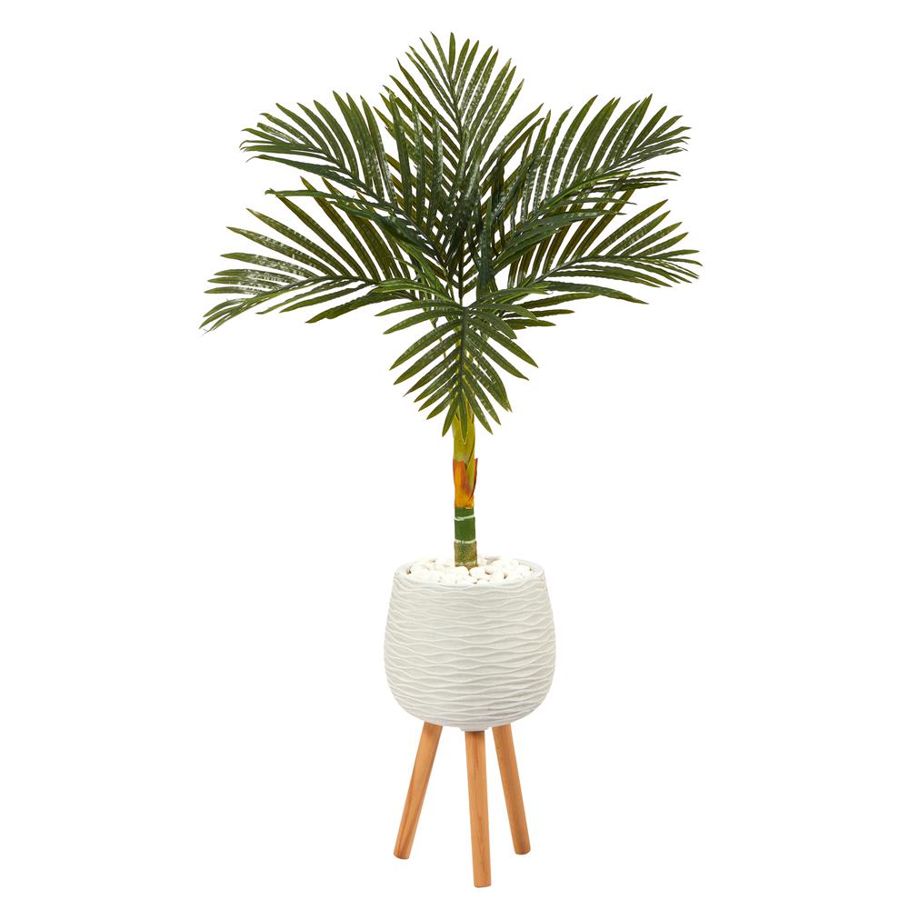 4.5ft. Golden Cane Artificial Palm Tree in White Planter with Stand. Picture 1