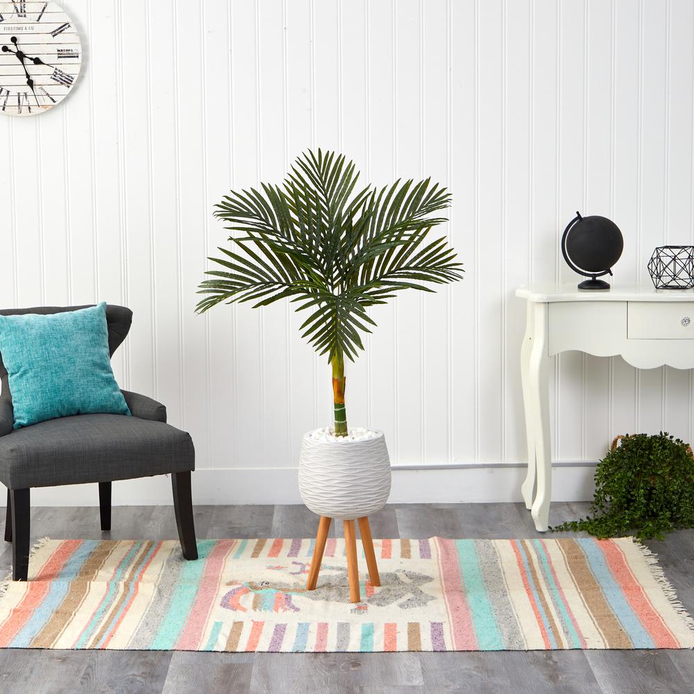 4.5ft. Golden Cane Artificial Palm Tree in White Planter with Stand. Picture 3