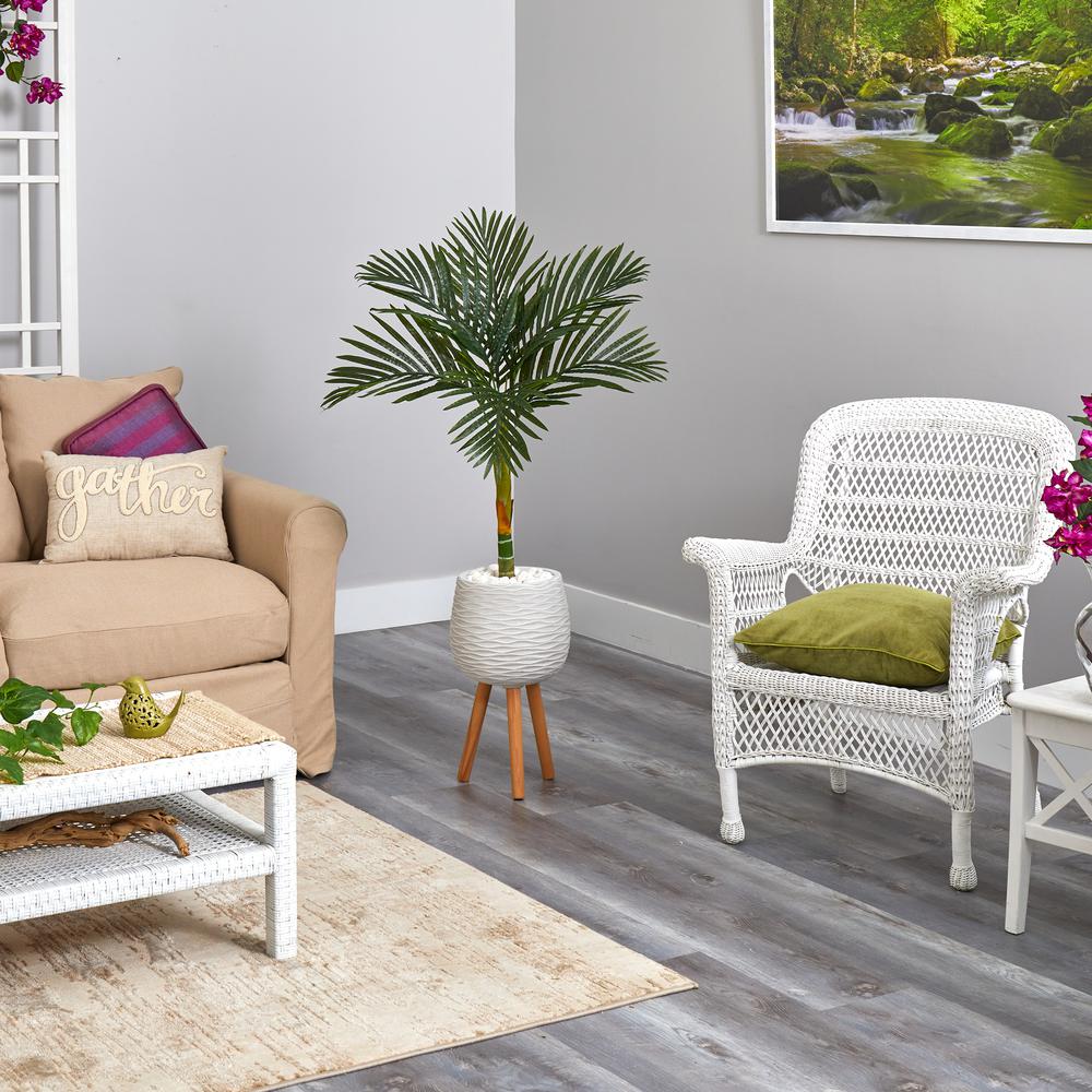 4.5ft. Golden Cane Artificial Palm Tree in White Planter with Stand. Picture 4