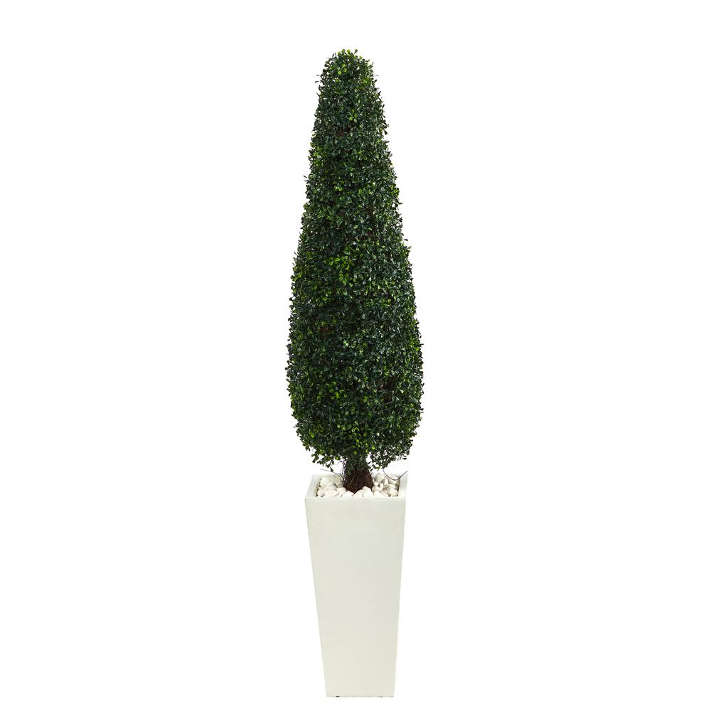 63in. Boxwood Topiary Artificial Tree in Tall White Planter (Indoor/Outdoor). Picture 1
