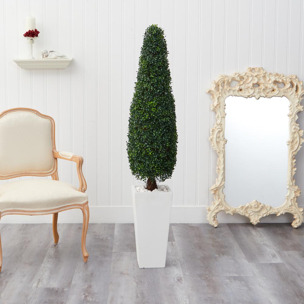63in. Boxwood Topiary Artificial Tree in Tall White Planter (Indoor/Outdoor). Picture 3