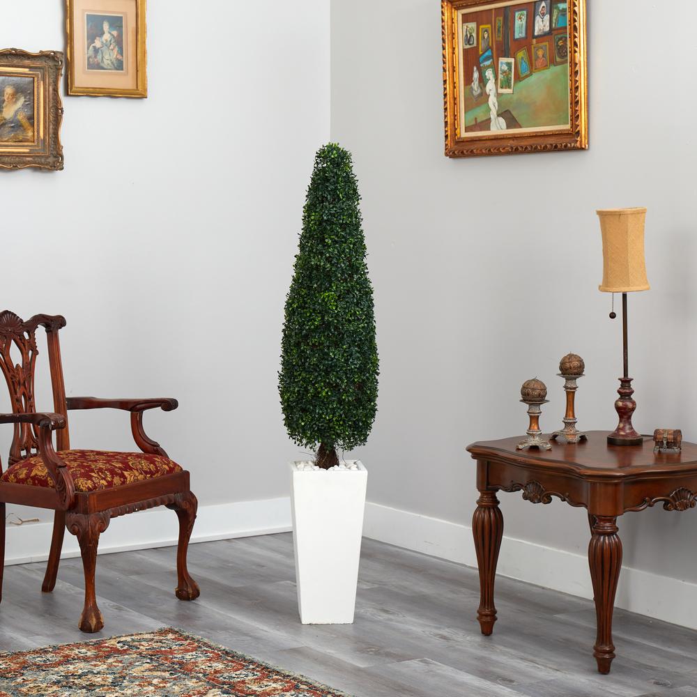 63in. Boxwood Topiary Artificial Tree in Tall White Planter (Indoor/Outdoor). Picture 4