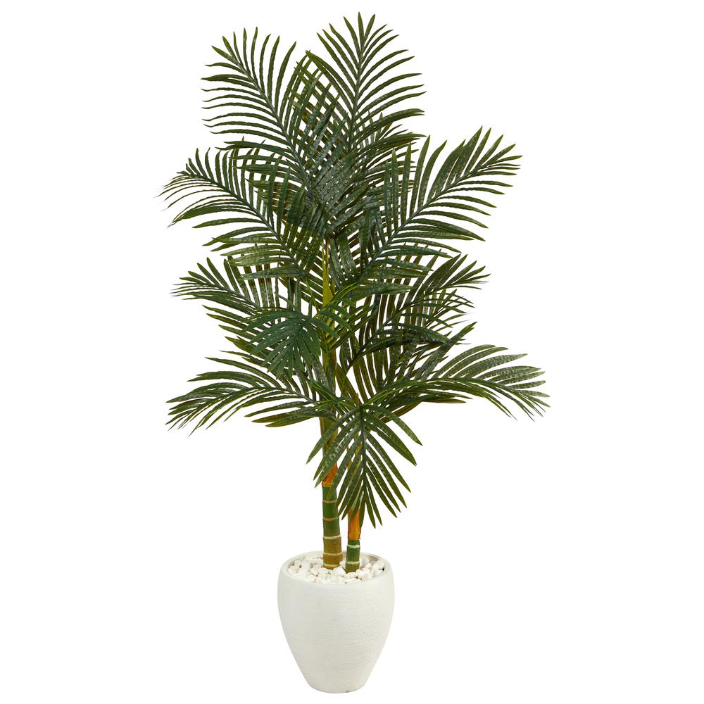 5.5ft. Golden Cane Artificial Palm Tree in White Planter. Picture 1