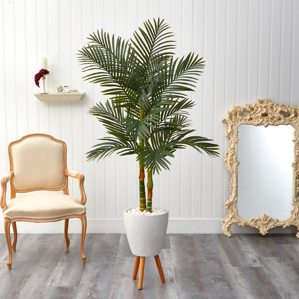 5.5ft. Golden Cane Artificial Palm Tree in White Planter. Picture 3