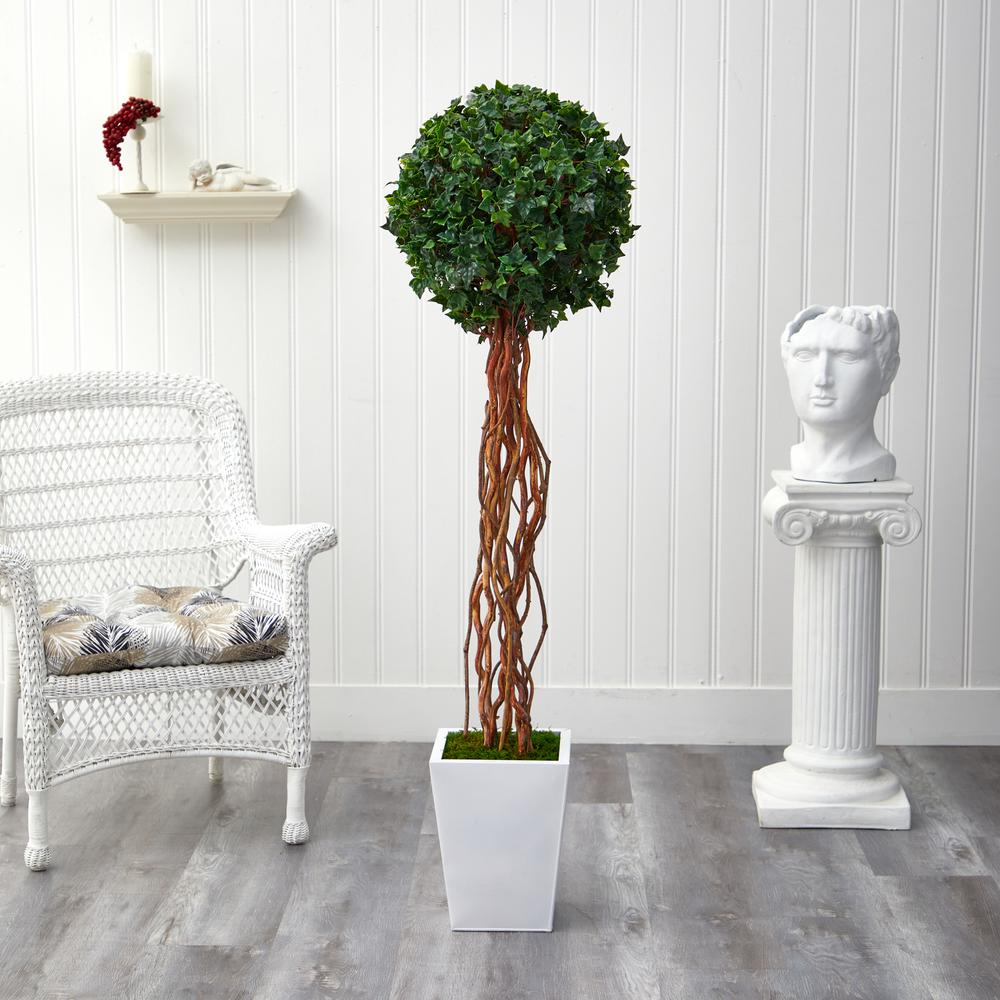 62in. English Ivy Single Ball Artificial Topiary Tree in White Metal Planter. Picture 3