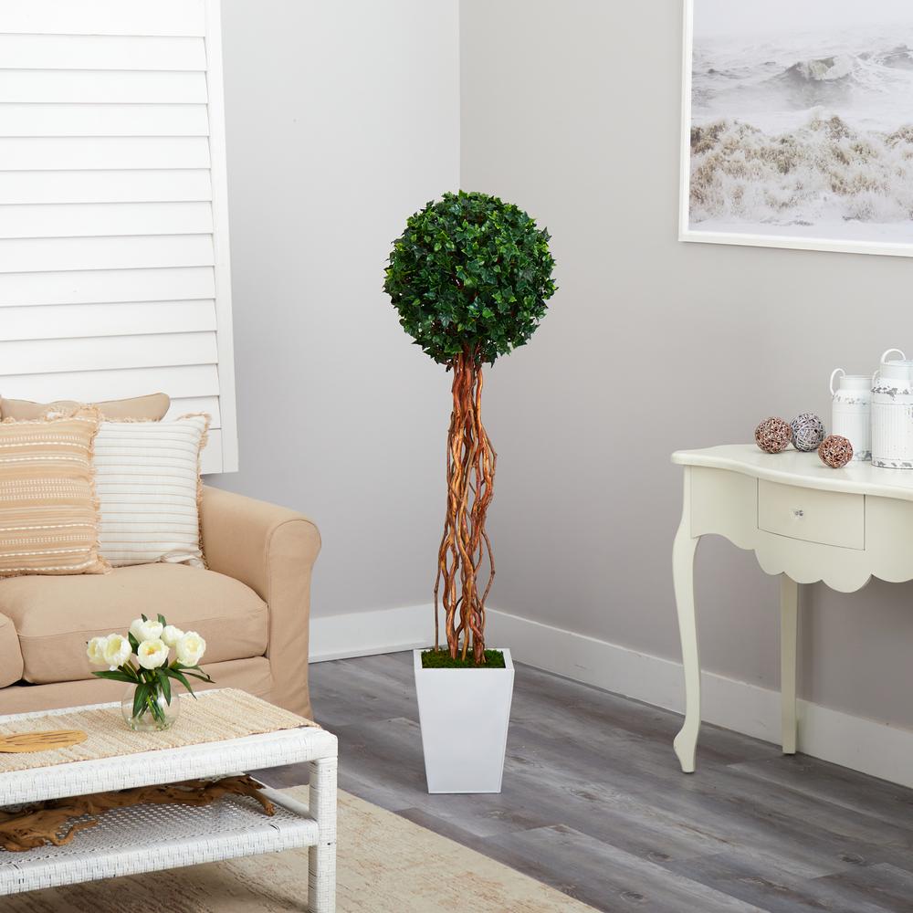 62in. English Ivy Single Ball Artificial Topiary Tree in White Metal Planter. Picture 4