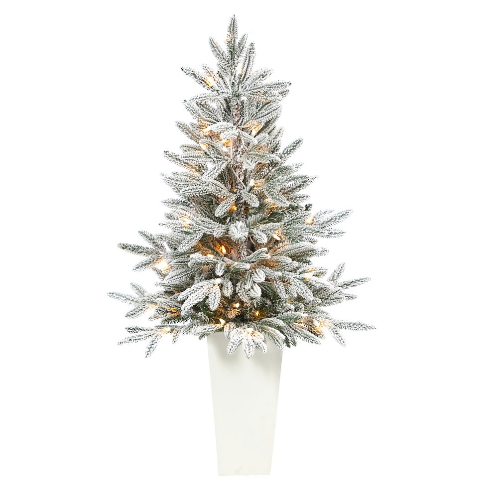 44in. Flocked Manchester Spruce Christmas Tree with 50 Lights in White Planter. Picture 1