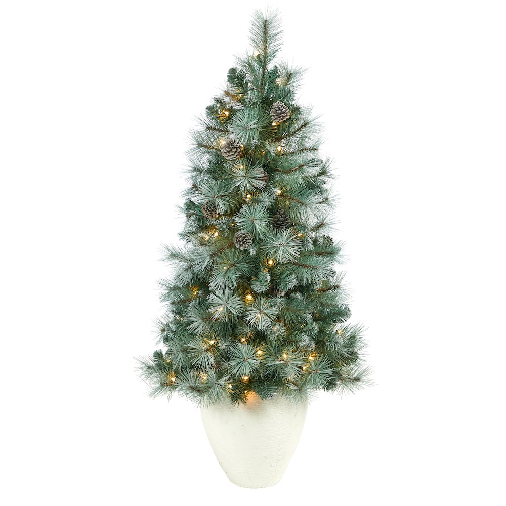 50in. Frosted BC Mountain Pine Christmas Tree with 100 Lights in White Planter. Picture 1