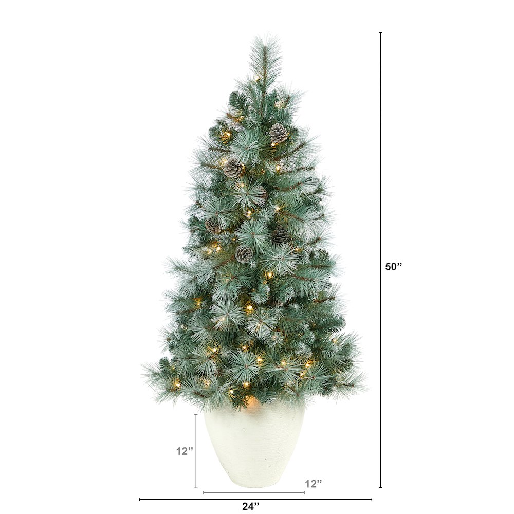 50in. Frosted BC Mountain Pine Christmas Tree with 100 Lights in White Planter. Picture 2