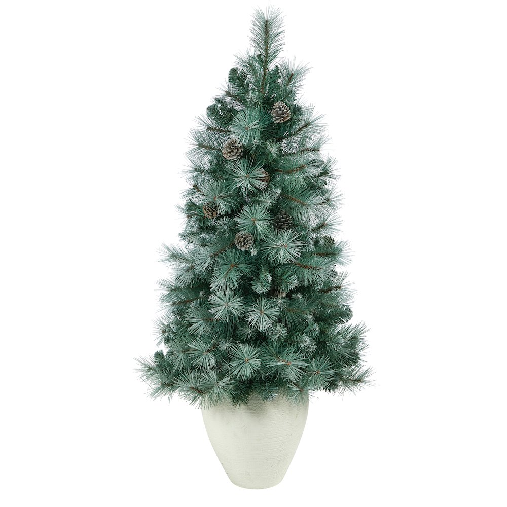 50in. Frosted BC Mountain Pine Christmas Tree with 100 Lights in White Planter. Picture 3