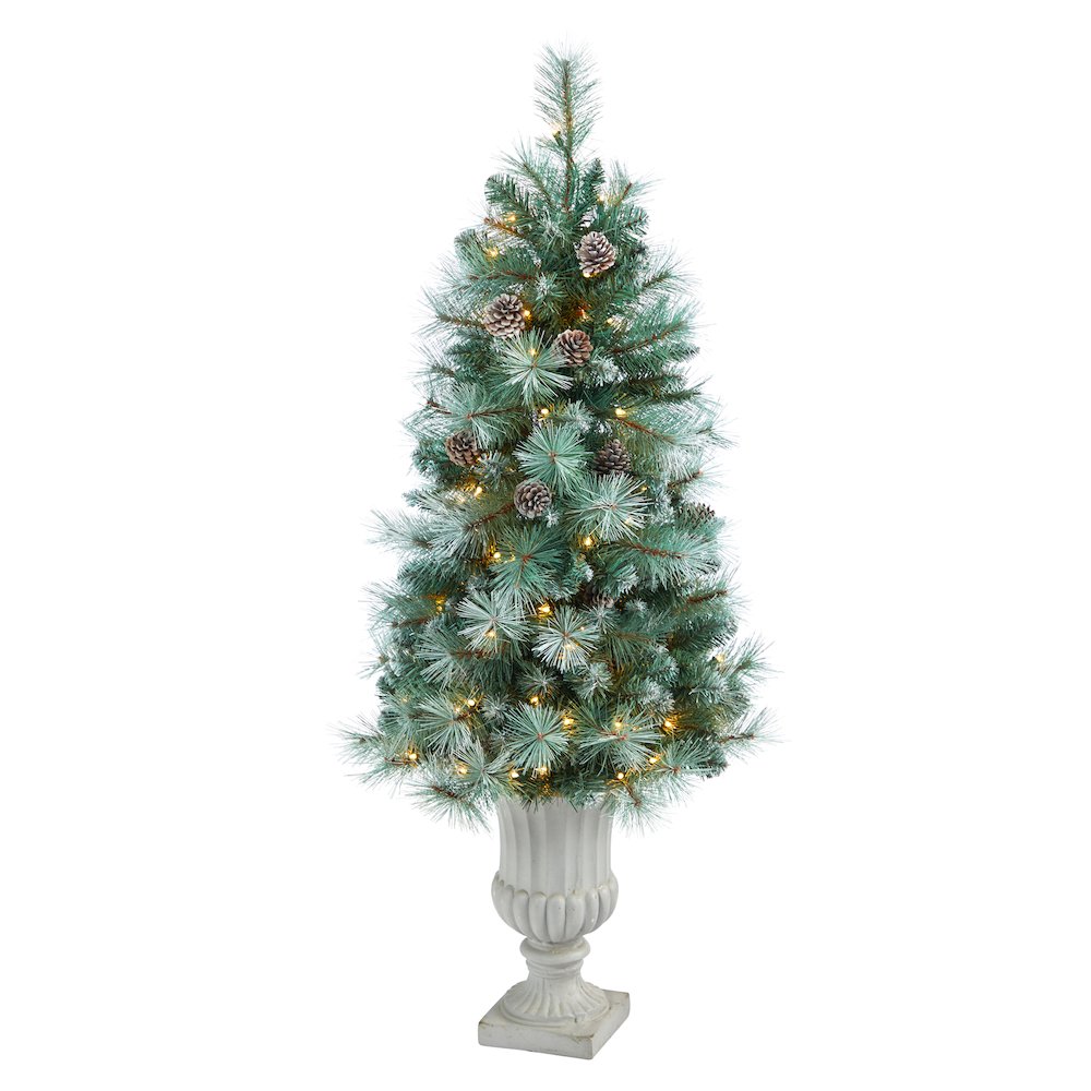 4.5ft. Frosted BC Mountain Pine Christmas Tree with 100 Lights in Decorative Urn. Picture 1