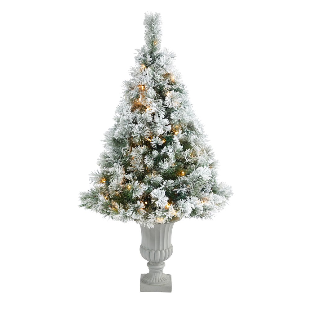 56in. Flocked Oregon Pine Christmas Tree with 100 Clear Lights in Decorative Urn. Picture 1