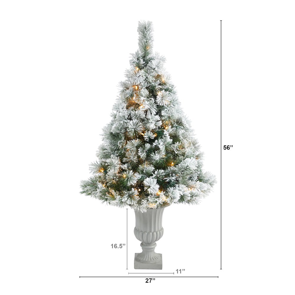 56in. Flocked Oregon Pine Christmas Tree with 100 Clear Lights in Decorative Urn. Picture 2