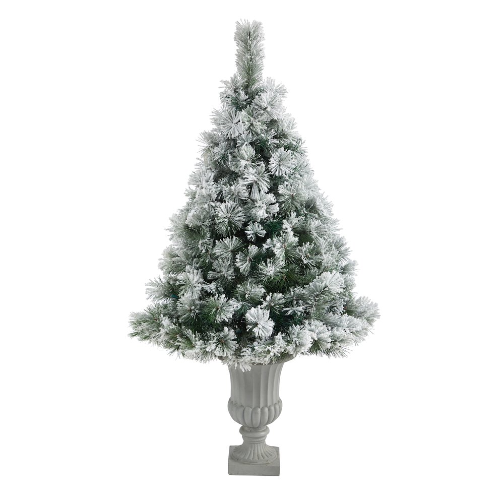 56in. Flocked Oregon Pine Christmas Tree with 100 Clear Lights in Decorative Urn. Picture 3