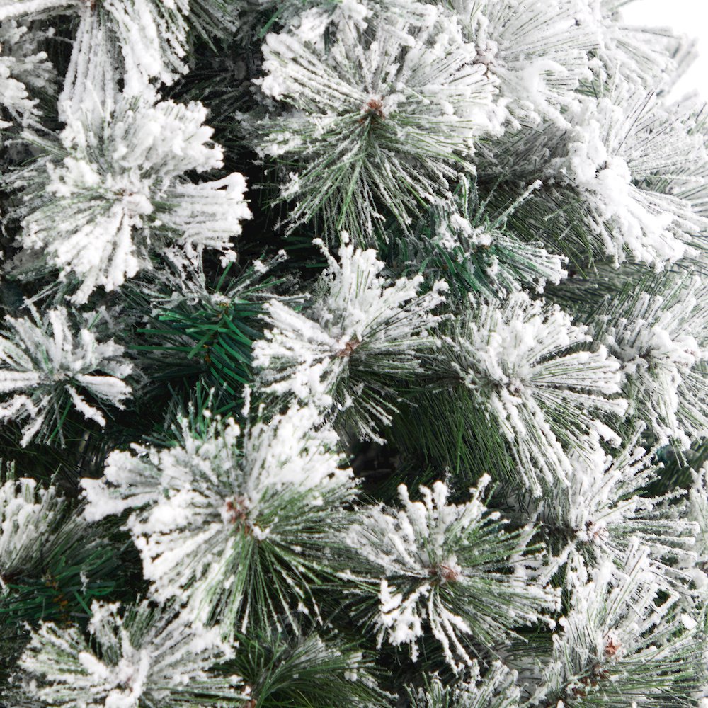 56in. Flocked Oregon Pine Christmas Tree with 100 Clear Lights in Decorative Urn. Picture 5