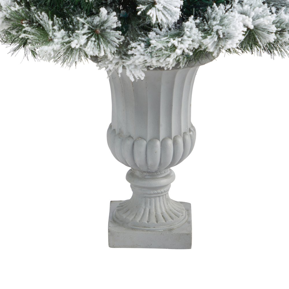 56in. Flocked Oregon Pine Christmas Tree with 100 Clear Lights in Decorative Urn. Picture 6