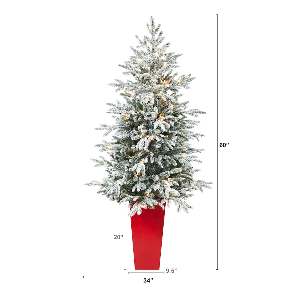 5ft. Flocked Manchester Spruce Christmas Tree with 100 Lights in Red Planter. Picture 2