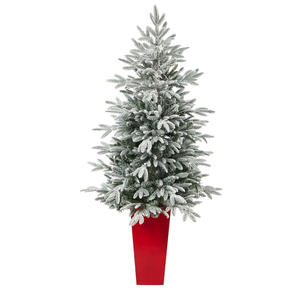 5ft. Flocked Manchester Spruce Christmas Tree with 100 Lights in Red Planter. Picture 3