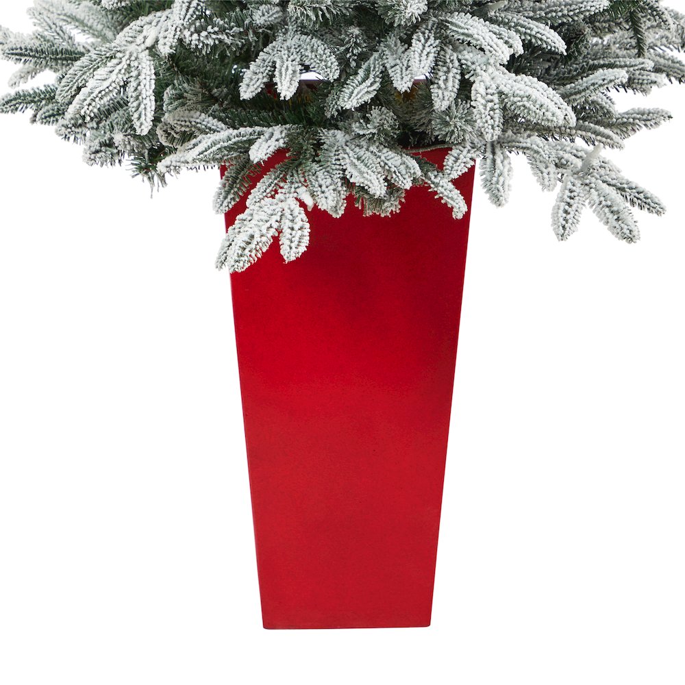 5ft. Flocked Manchester Spruce Christmas Tree with 100 Lights in Red Planter. Picture 6