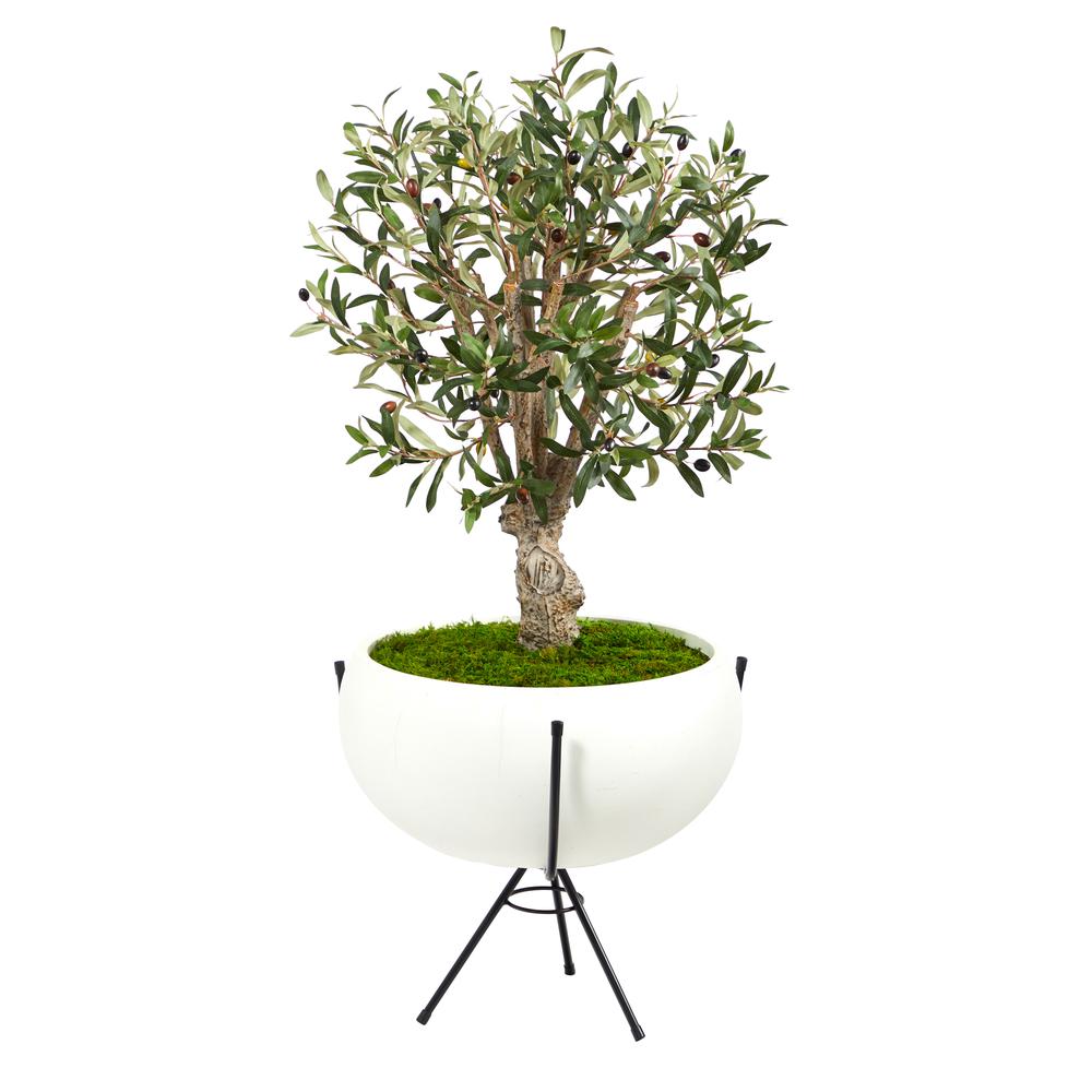 3ft. Olive Artificial Tree in White Planter with Metal Stand. Picture 1