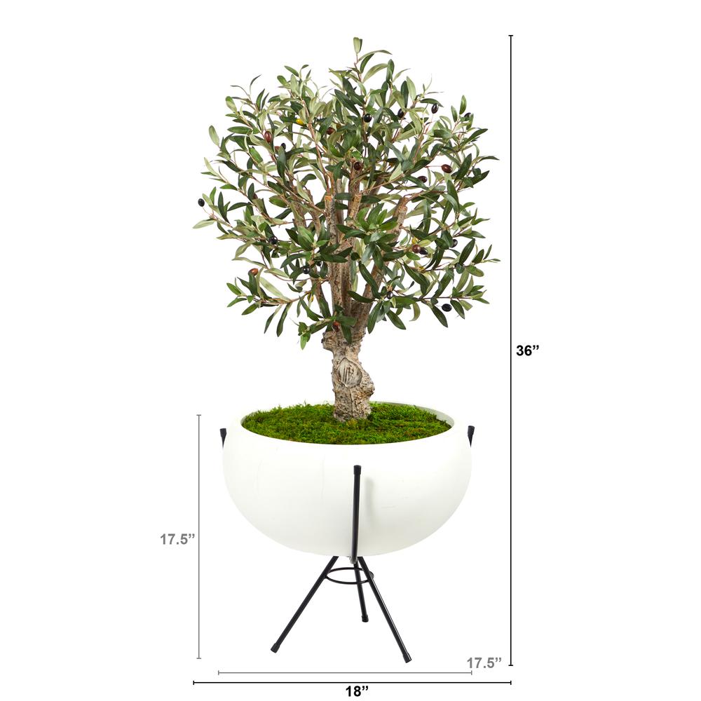 3ft. Olive Artificial Tree in White Planter with Metal Stand. Picture 2