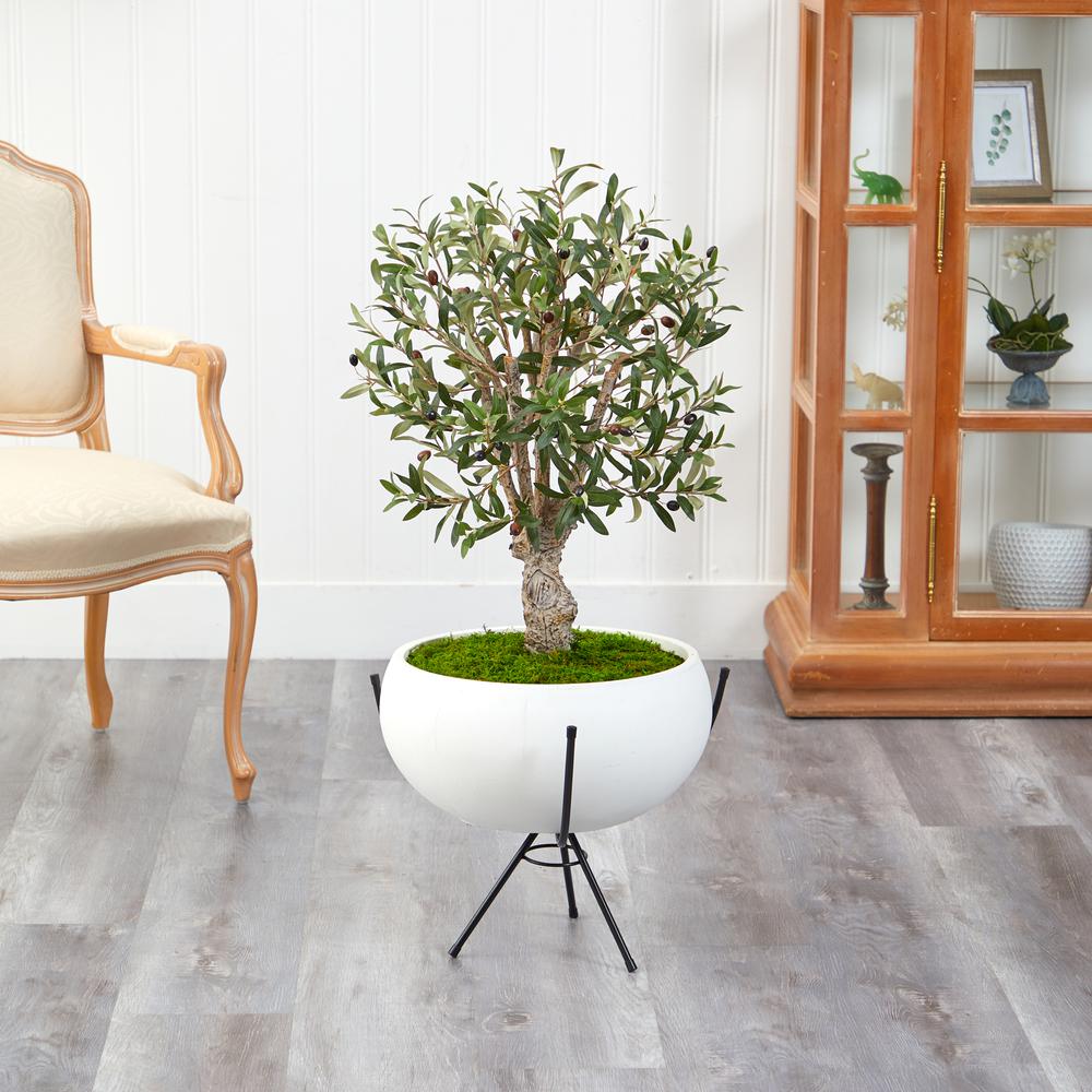 3ft. Olive Artificial Tree in White Planter with Metal Stand. Picture 3
