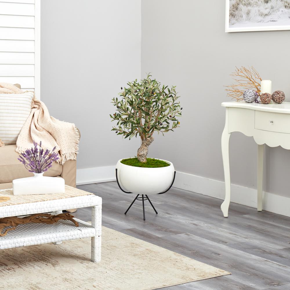 3ft. Olive Artificial Tree in White Planter with Metal Stand. Picture 4