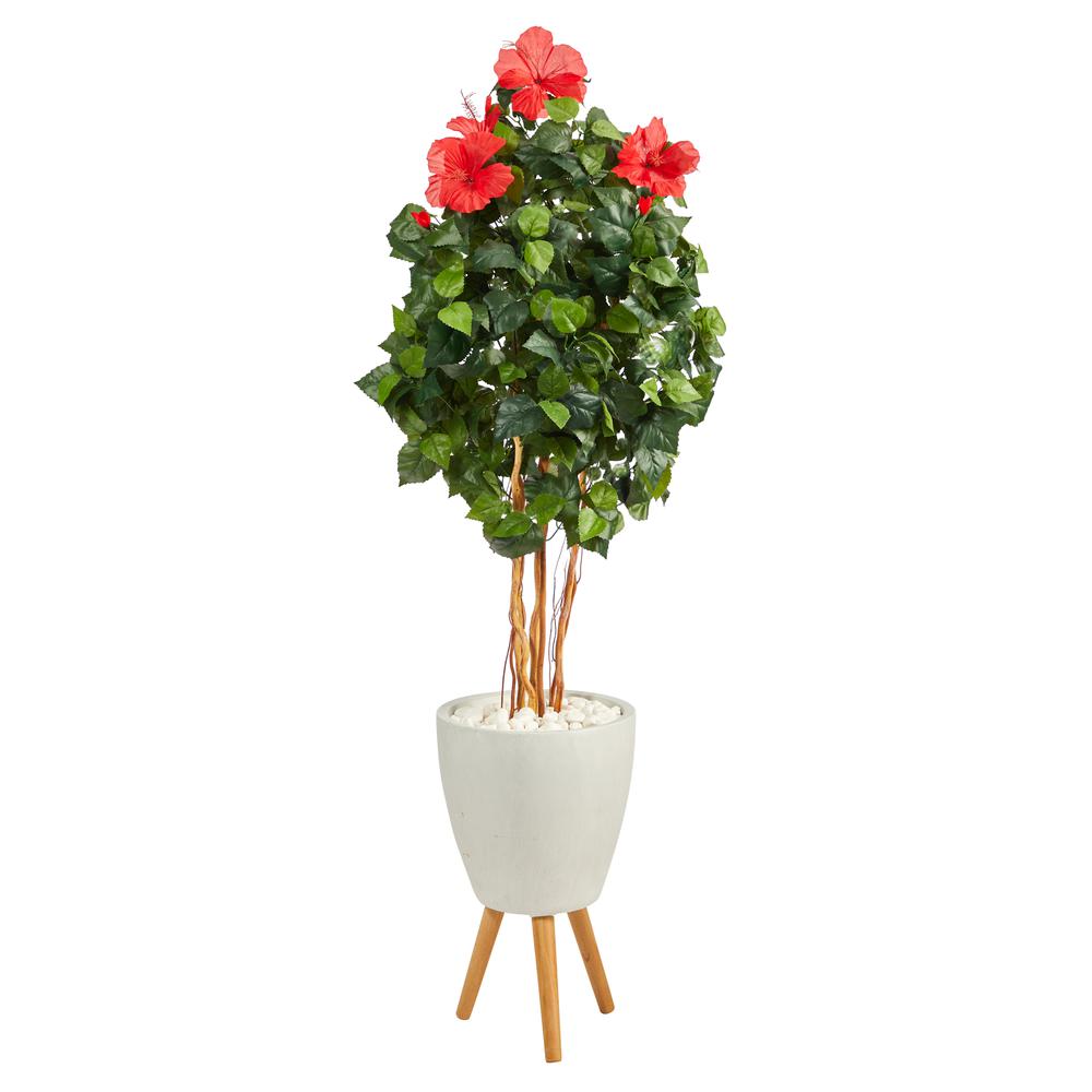 58in. Hibiscus Artificial Tree in White Planter with Stand. Picture 1