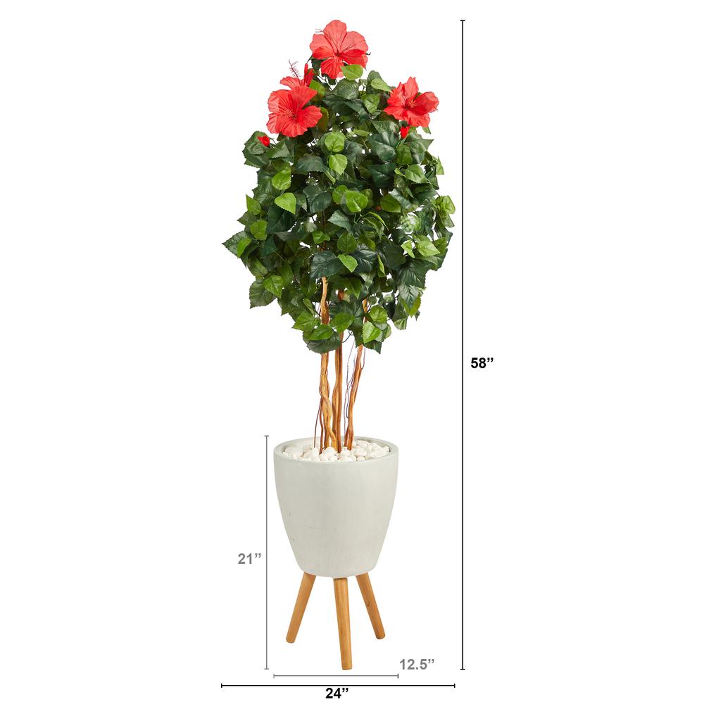 58in. Hibiscus Artificial Tree in White Planter with Stand. Picture 2